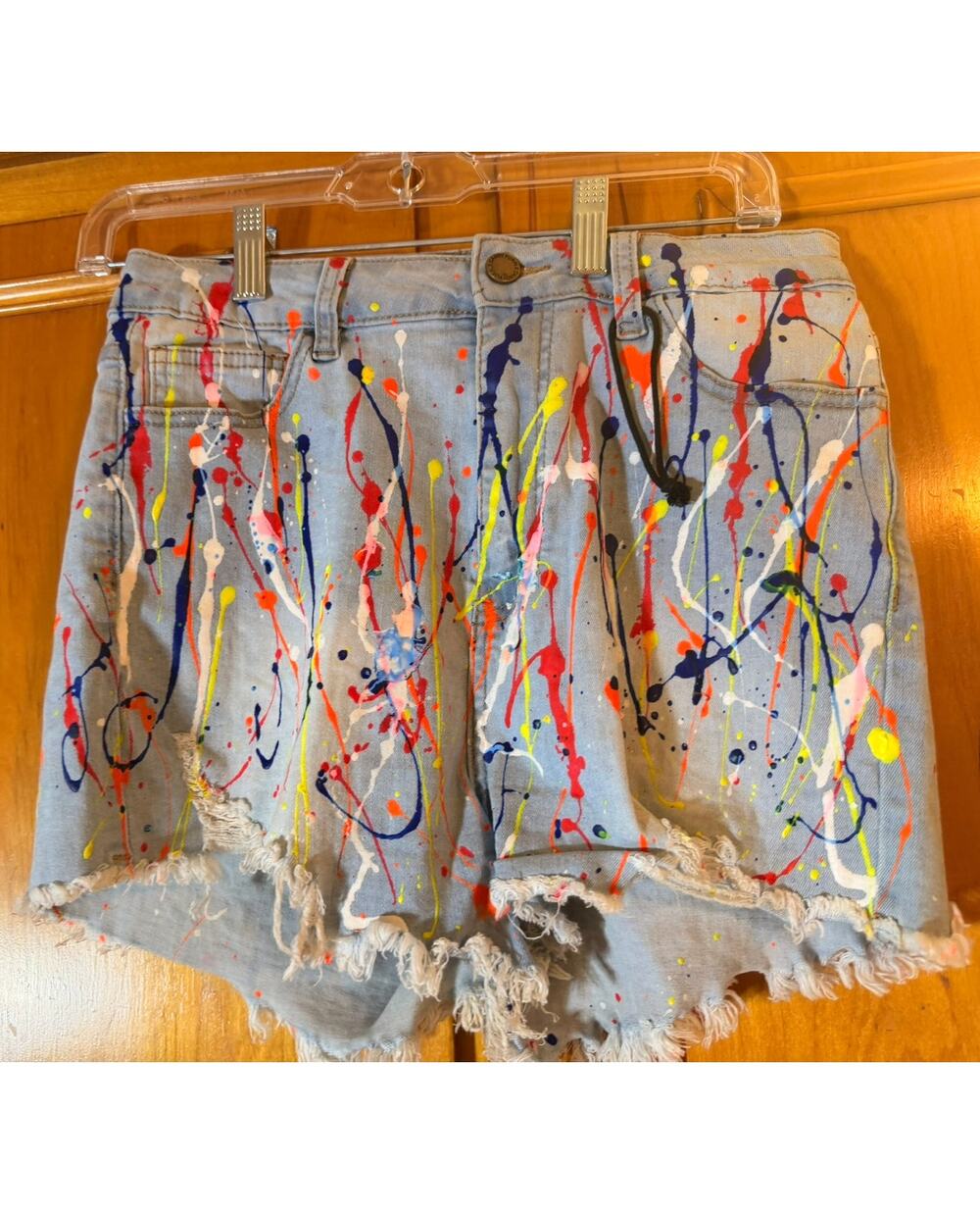 paint splatter shorts Light blue distressed denim shorts unusual